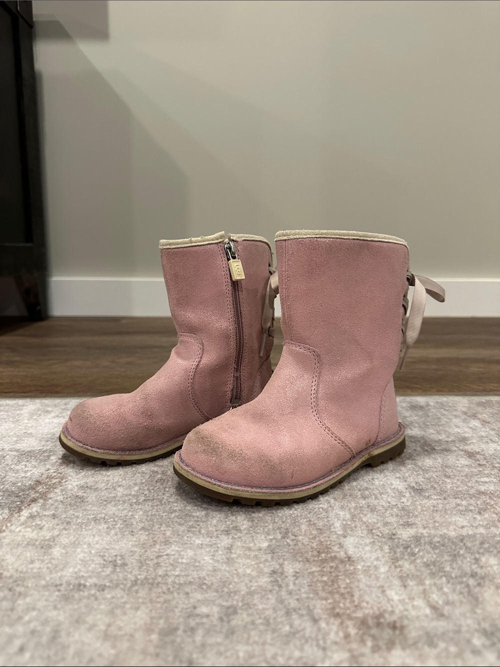 UGG Girls Pink Suede Zip Boots with Back Bow